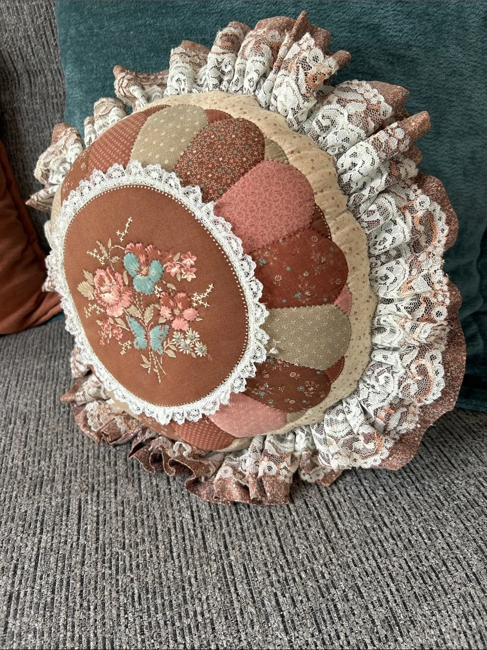 Decor Round Floral Quilted/lace Pillow - Rust/Pink/Cream - Butterfly/flowers